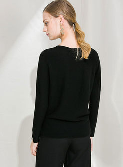 Black O-neck Slim Pullover Slit Sweater