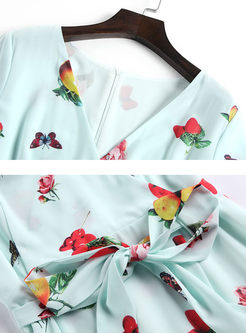 Sweet V-neck Print Chiffon Maxi Dress