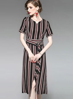Striped Slit Waist Midi Bodycon Dress
