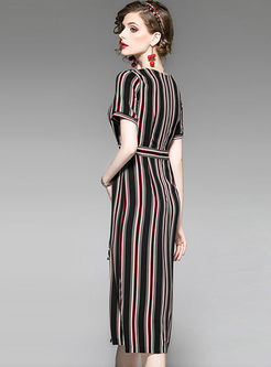 Striped Slit Waist Midi Bodycon Dress