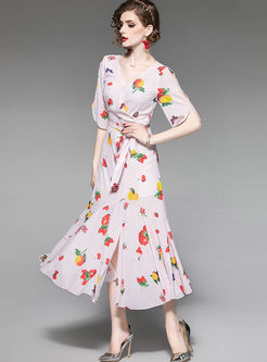 Half Sleeve Slit Chiffon Print Maxi Dress