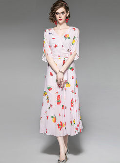 Half Sleeve Slit Chiffon Print Maxi Dress