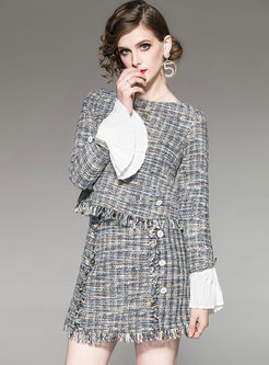O-neck Flare Sleeve Patchwork Two Piece Outfits