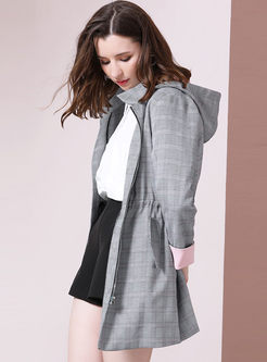 Lapel Plaid Hooded Drawcord Trench Coat