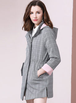 Lapel Plaid Hooded Drawcord Trench Coat