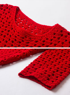 Red O-neck Openwork Tassel Sweater