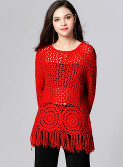 Red O-neck Openwork Tassel Sweater