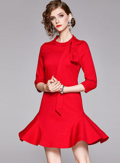 Red Standing Collar Bowknot Bridesmaid Dress