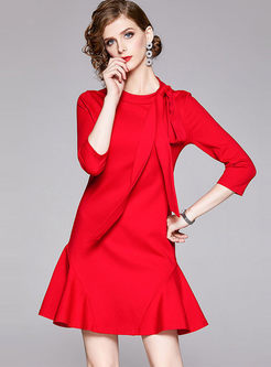 Red Standing Collar Bowknot Bridesmaid Dress