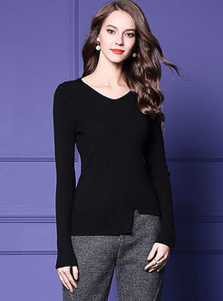 Black V-neck Slim Asymmetric Sweater