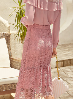  Pink Lace Openwork Slim Mermaid Skirt