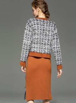 Color-blocked Plaid Knit Top & Split Skirt