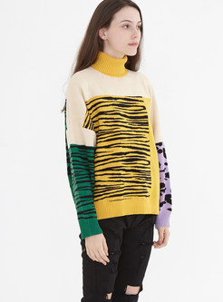 High Collar Color-blocked Long Pullover Sweater