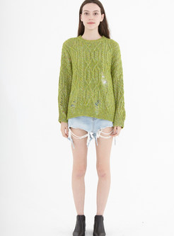Solid Color O-neck Hole Loose Sweater