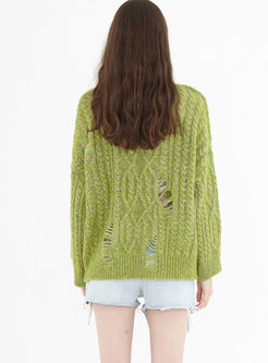 Solid Color O-neck Hole Loose Sweater