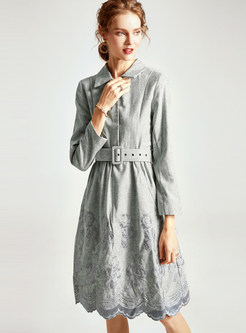  Lapel Embroidered Lace Waist A Line Dress With Belt 