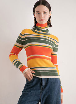 Turtleneck Long Sleeve Slim Striped Sweater