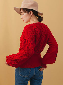 Solid Color V-neck Lantern Sleeve Sweater