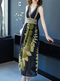 Printing V-Neck Sleeveless Maxi A-Line Dresses