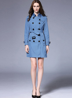  Blue Double-breasted Slim Trench Coat