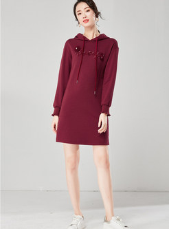  Letter Embroidered Hooded Shift Dress
