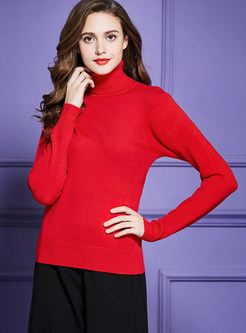 Red High Collar Long Sleeve Slim Sweater