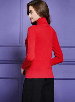 Red High Collar Long Sleeve Slim Sweater