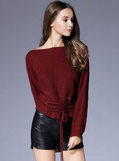 Slash Neck Drawstring Pullover Sweater