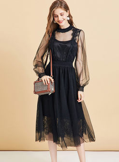 Black Lace Transparent Mesh Dress