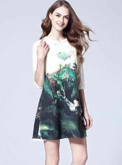 Mandarin Collar Half Sleeve Print Dress
