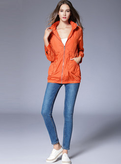 Casual Orange Stand Collar Slim Coat 
