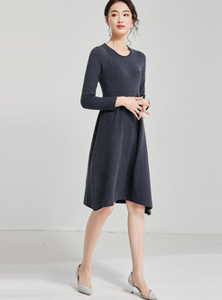  Solid Color Irregular Waist Knit Dress