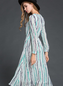 Color-blocked Striped Single-breasted Dress With Belt 