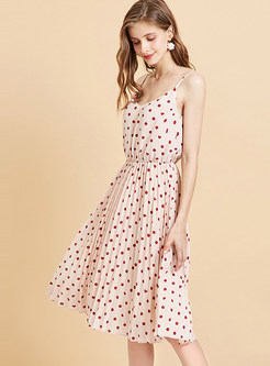  Dot Pleated Backless Camisole Skater Dress