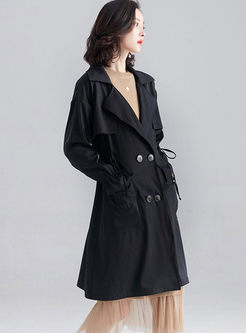 Black Drawcord Knee Length Trench Coat
