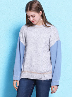 Color-blocked Denim Patchwork Hole Sweater