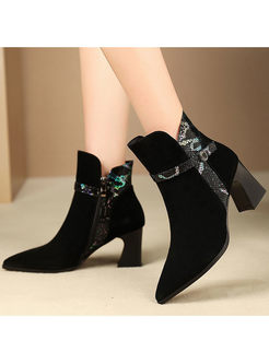 Black Pointed Head Chunky Heel Short Boots