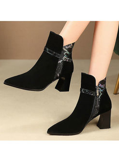 Black Pointed Head Chunky Heel Short Boots