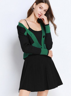 V-neck Color-blocked Cardigan & Pleated Mini Skirt