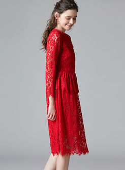 Red Lace Openwork Wedding Plus Size Dress