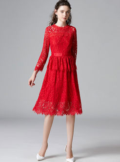 Red Lace Openwork Wedding Plus Size Dress