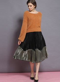 Elastic Waist Color-blocked Pleated Skirt