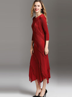 Wine Red Irregular Tassel Slim Maxi Dress