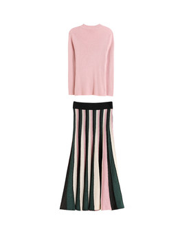 Halter Collar Irregular Top & Striped Color-blocked Skirt 