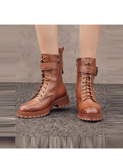 Retro Brown Zipper Bandage Square Heel Boots