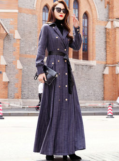 Lapel Plaid Double-breasted Long Trench Coat