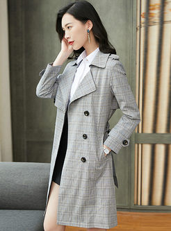 Turn Down Collar Houndstooth Slim Trench Coat