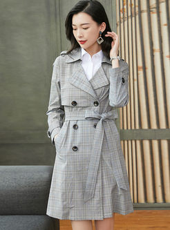 Turn Down Collar Houndstooth Slim Trench Coat