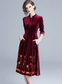 Retro Mandarin Collar Sequin Velvet Dress