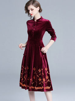 Retro Mandarin Collar Sequin Velvet Dress